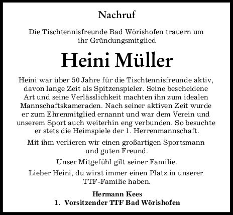 Read more about the article Gründungs- und Ehrenmitglied Heini Müller am 02.12.2020 verstorben